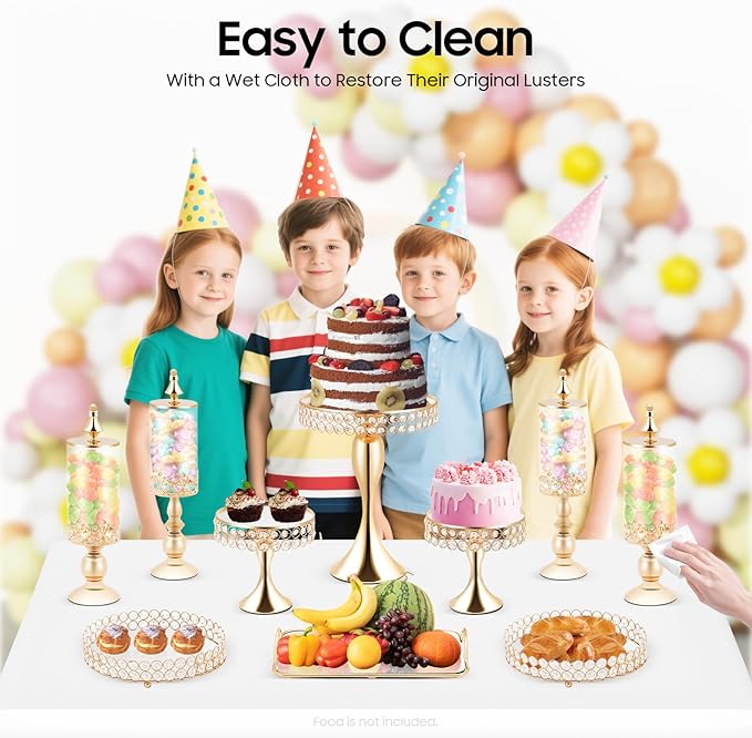 Pack of 10 Cake Stand Set with 4 x Candy Jars, 3 x Cake Stands, 2 x Round Cake Trays, 1 x Serving Tray, Dessert Table Display Set with Crystal Beads for Birthday Baby Bridal Shower Party