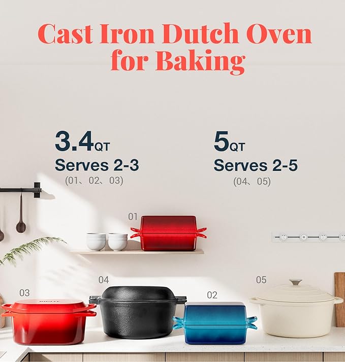 2 IN 1 Cast Iron Bread Loaf Pan with Lid, 3.4QT 9x5 Inch Dutch Oven for Bread Baking, Even Heating Bread Oven, Enameled Bread Pan for Homemade Sourdough Bread Baking & Versatile Cooking, Red