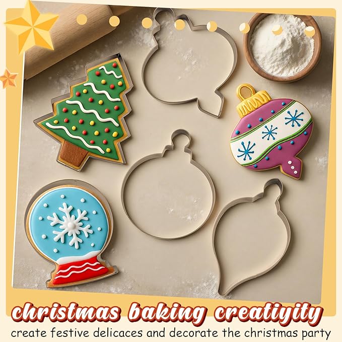6 Pcs Christmas Large Cookie Cutters 8" Stainless Steel Metal Christmas Baking Cookie Molds for Holiday, Xmas Tree, Ornament, Teardrop Bauble, Finial, Snow Globe, Snowman