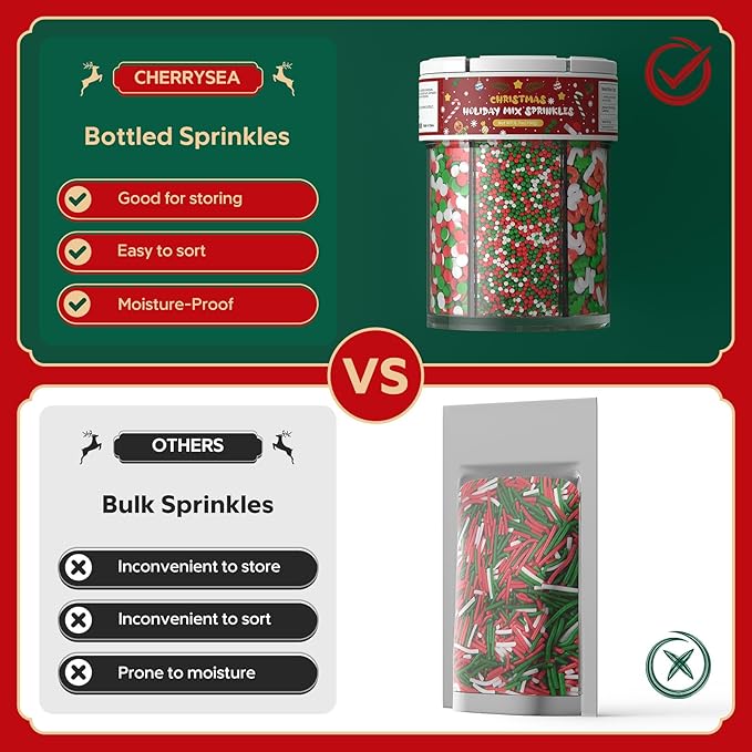 Christmas Sprinkles for Baking, 6 Cell Mix Sprinkles for Christmas Cake Decorating Fancy Sanding Sugar Sprinkles Colorful Sprinkles for Ice Cream,Donut,Chocolate Candy,Cookies Decorating - 6.7 oz