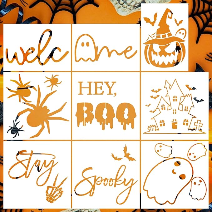 9 Pcs Large Halloween Stencils for Door Mats, Reusable Pumpkin Ghost Bat Painting Crafts, Halloween Stencils for Painting On Doormat Wood Wall Decor (Cute 9)