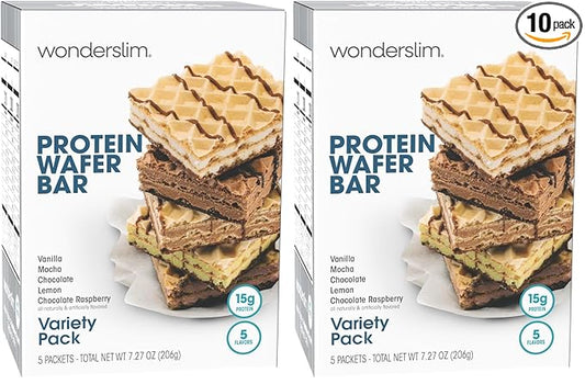 WonderSlim Protein Wafer Snack Bar, Variety Pack, 15g Protein, 5 Flavors, 0mg Cholesterol (5ct) (Pack of 2)