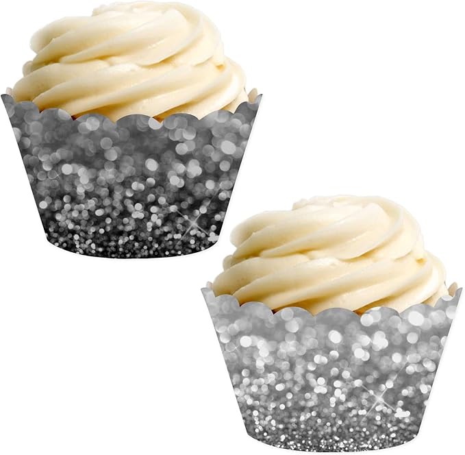 Andaz Press Party Cupcake Wrapper Decorations, Faux Black and Silver Glitter, 24-Pack, Theme Colored Bulk Cake Supplies
