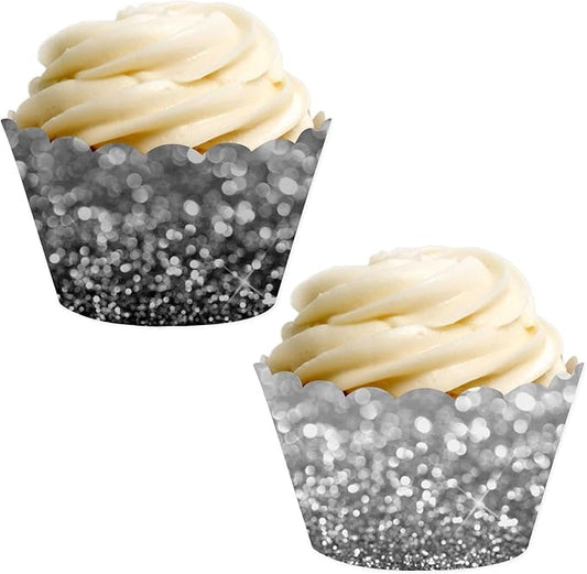 Andaz Press Party Cupcake Wrapper Decorations, Faux Black and Silver Glitter, 24-Pack, Theme Colored Bulk Cake Supplies