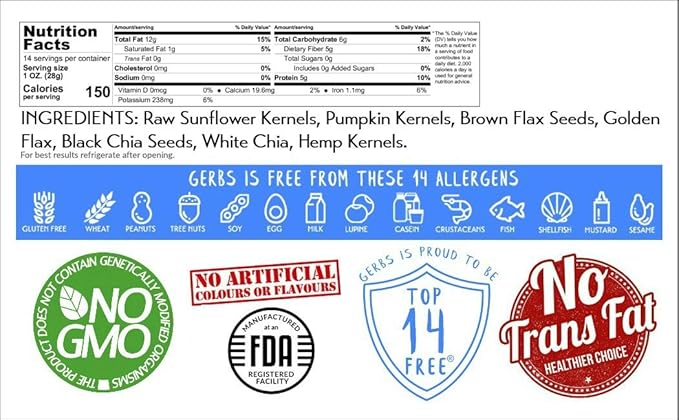 Gerbs Super 7 Seed Snack Mix 14 oz. | Raw, No Artificial Additives, Resealable Bag | Crunchy Pumpkin, Sunflower, Brown & Golden Flax, Black & White Chia, Hemp | Top 14 Allergen-Free