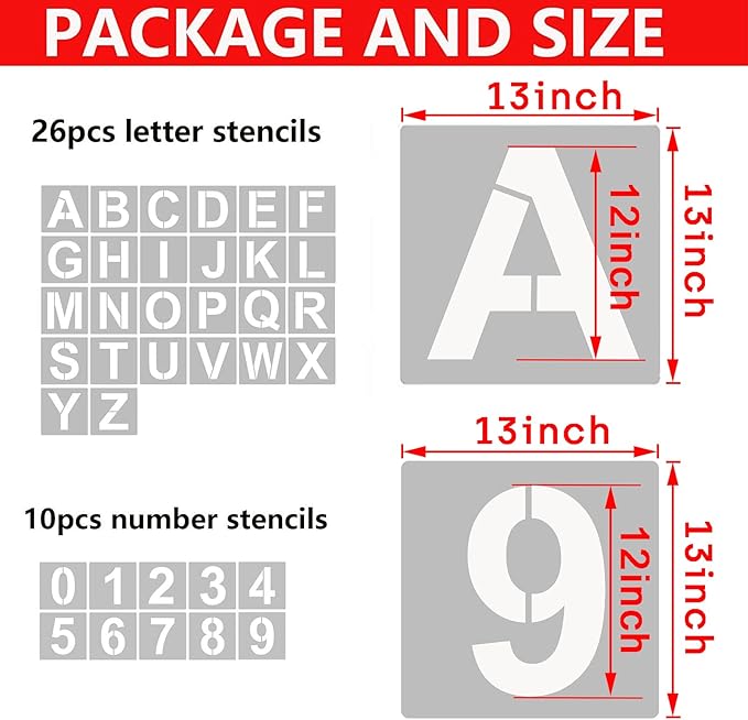 YEAJON 13 Inch Letter Stencils and Numbers, 36 Pcs Alphabet Art Craft Stencils, Reusable Plastic Templates for Wood, Wall, Fabric, Rock, Signage, DIY Art Projects