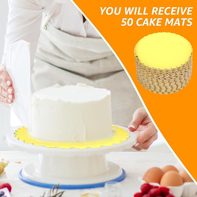 50 Pack 8 Inch Cake Boards, Round Gold Wave Cake Circles, Disposable Pizza Cardboard Cake Base Stand for Wedding Birthday Anniversary Desserts