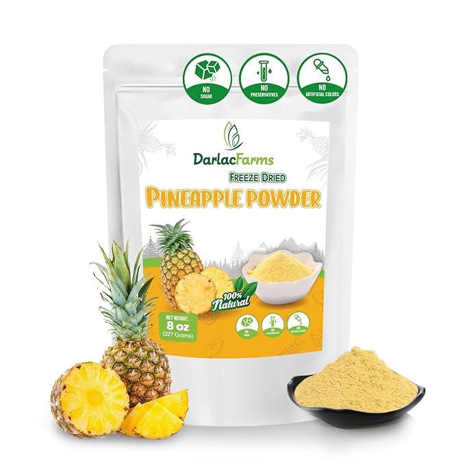DARLAC FARMS Freeze Dried Pineapple Powder 8Oz, Natural ingredients, Nutrient-rich, Vegan, No Add Sugar, Preservative-free, Convenient zip-lock Pouch, Perfect for Drinks, Smoothies, Baking