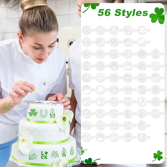 56 Pcs Reusable St Patrick's Day Cookie Stencils Small Shamrock Cookie Templates for Holiday Baking Dessert Painting Irish Party Decoration Coffee Art Face Painting Kitchen Baking Accessories