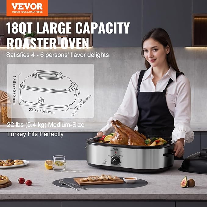 VEVOR Electric Roaster Oven with Defrost & Warm Function, 18 QT Turkey Roaster Oven with Self-Basting Lid, 1450W, Adjustable Temperature, Removable Pan & Rack, Fits Turkeys Up to 22LBS