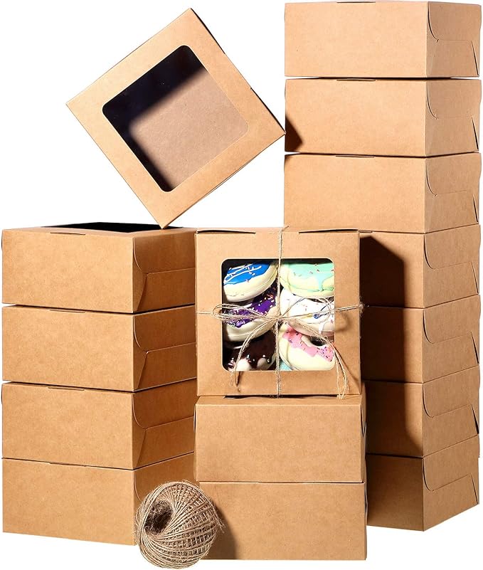 50 Pieces Bakery Box with Window Cookie Boxes Mini Kraft Boxes Gift for Pastries, Candy, Pie, Cupcakes, Soap Packaging for Homemade Soap (Brown,6.3 x 6.3 x 3 Inch)
