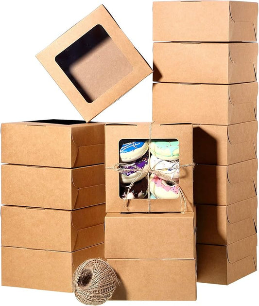 50 Pieces Bakery Box with Window Cookie Boxes Mini Kraft Boxes Gift for Pastries, Candy, Pie, Cupcakes, Soap Packaging for Homemade Soap (Brown,6.3 x 6.3 x 3 Inch)