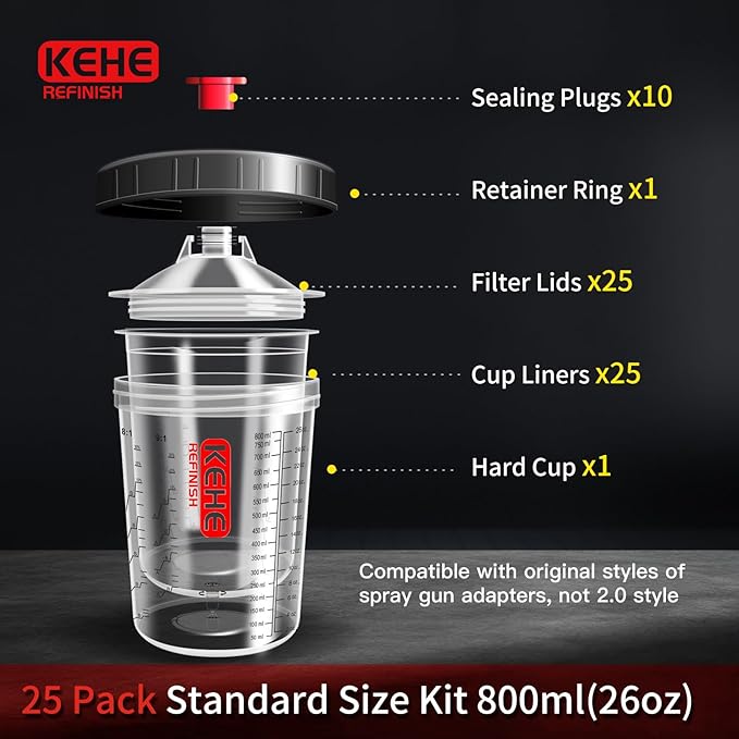 Disposable Paint Cups for Spray Gun,Mixing Cups 26 Ounce (800ml) Kit with 25 Cups and Lids with Strainer System for HVLP&LVLP,1 Hard Cup with Retainer Ring,10 Plugs,3 Caps,1 Wash Bottle