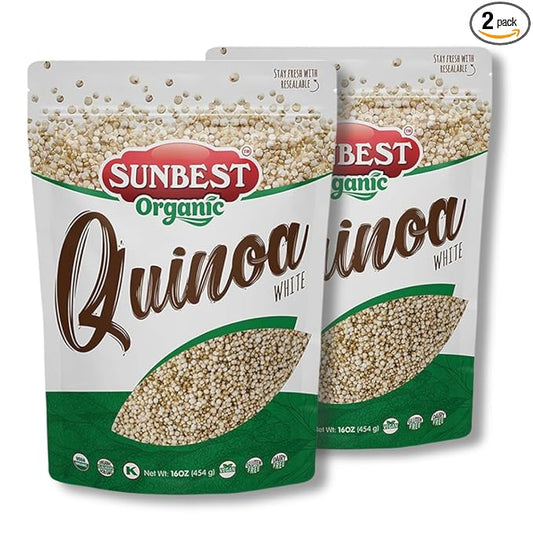 Sunbest Natural Organic White Quinoa, 2-Pack (16 oz each) of Non-GMO, Vegan, Kosher, Gluten-Free – Premium Quality Quinoa Organic Superfood