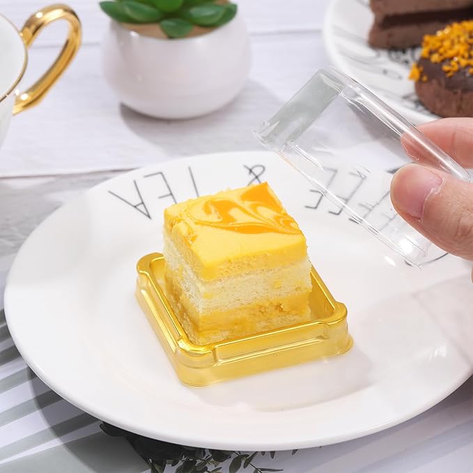 UPKOCH 50pcs Plastic Mini Cake Box, Square Moon cake Dome Cake Boxes, Golden Christmas Festival Wedding Birthday Packing Box, Size S, 2.16x1.85x1.57 inches