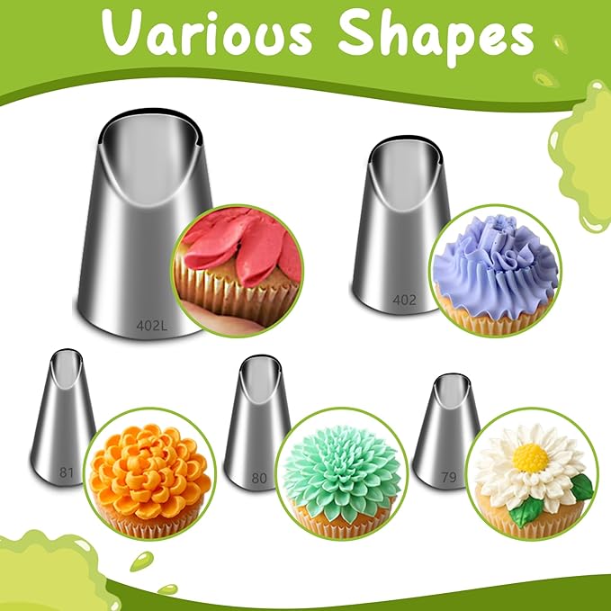 Suuker 5 Pieces Rose Flower Piping Tips Set,Stainless Steel Cake Decorating Tips, Frosting Icing Tips for Cupcakes, Cake, Cookie and Decorating（402L 402 79 80 81）