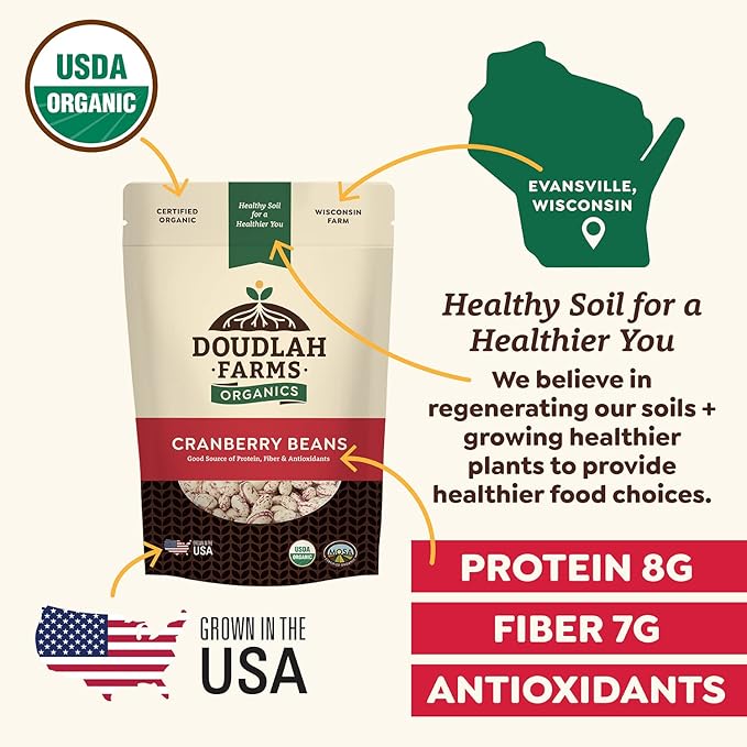 Organic Dried Cranberry Beans 1 lb - Non-GMO, USDA Organic, Farmed From Regenerative Soil, Tested Clean Certified, Vegan - Rich in Fiber & Protein for Soups, Burritos, Salads & Chili - Grown In USA by Doudlah Farms