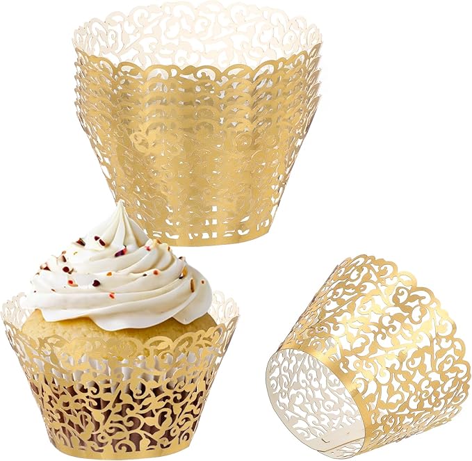 PATIKIL Cupcake Wrappers Paper, 50 Pack Baking Cups Standard Vine Decoration for Anniversary Birthday Weddings and Parties, Reflective Gold