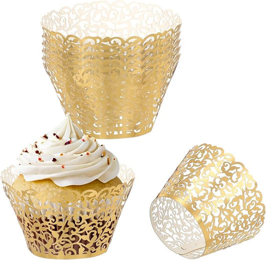 PATIKIL Cupcake Wrappers Paper, 50 Pack Baking Cups Standard Vine Decoration for Anniversary Birthday Weddings and Parties, Reflective Gold