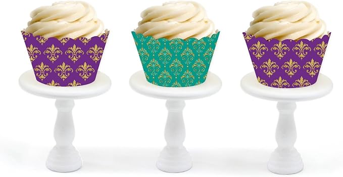 Andaz Press Party Cupcake Wrapper Decorations, Mardi Gras Themed Purple and Aqua Fleur De Lis, 24-Pack, Theme Colored Bulk Cake Supplies