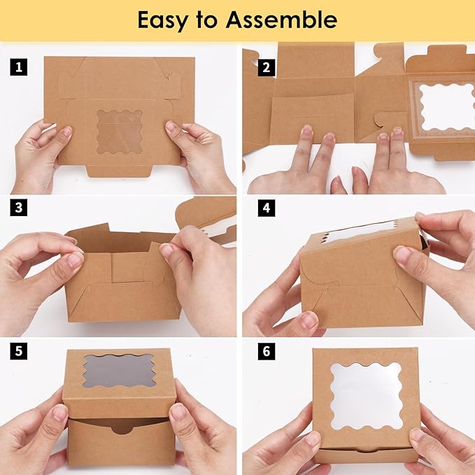 Moretoes 24pcs Bakery Boxes with Window, 4x4x2.5 Inches Brown Cookie Boxes for Small Pastries, Cookies Treats and Desserts