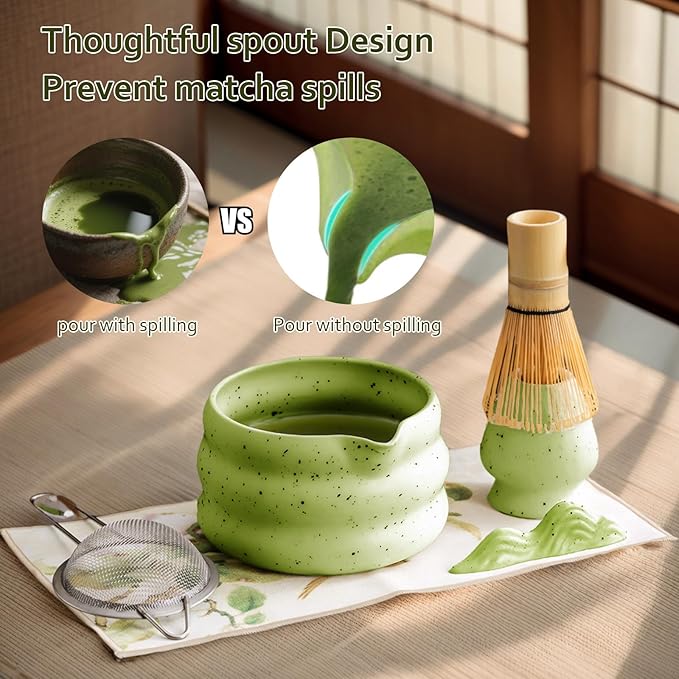 cjc Matcha Whisk Set, 7-Pcs Matcha Set for Gift- 18 oz Ceramic Matcha Bowl with Spout, Bamboo Whisk, Scoop, Holder, Sifter ect.,Japanese Ceremony Kit for Matcha Lover Beginner/Green