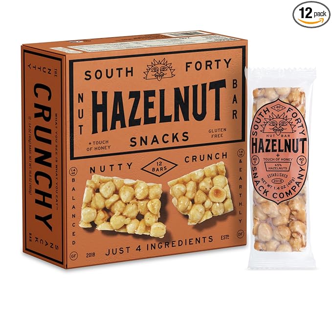 South 40 Snacks Crunchy Hazelnut Bar, Just 4 Ingredients, Touch of Honey (40g Bar, Pack of 12)