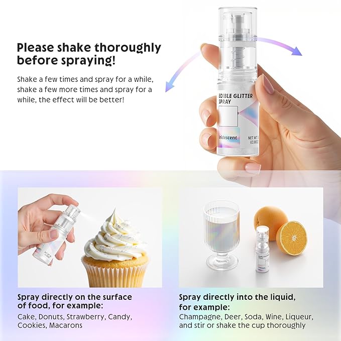 Edible Glitter Spray,Food Grade 5g Edible Glitter for Cake Decorating Desserts, Beverages, Cupcakes, Cake Pops and Cookies - Iridescent