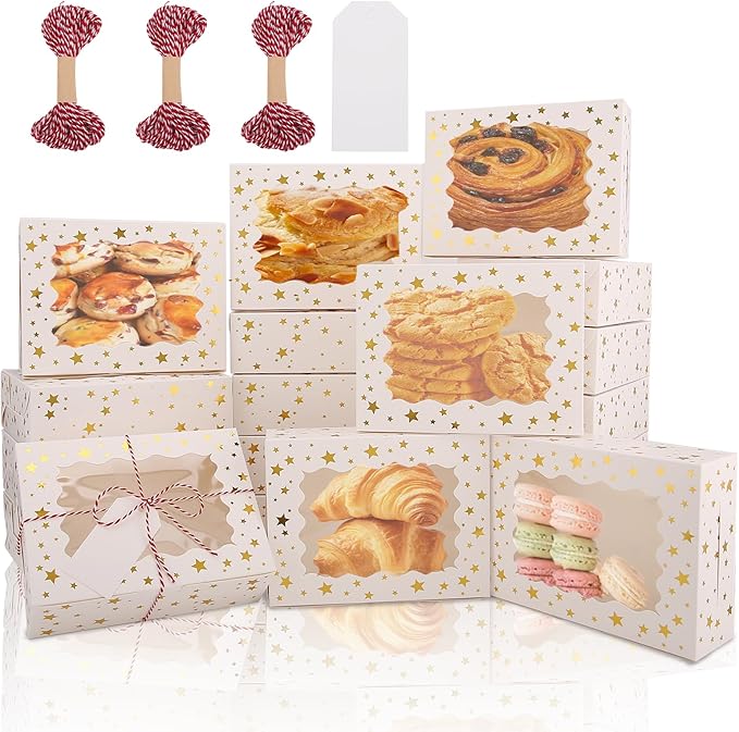 BEVOING 36 Pcs 9x6x3 Inches Christmas Cookie Boxes, White Bakery Boxes with Window Gold Foil Star Treat Boxes 9 Inch Bakery Gift Wrapping Box for Xmas Holiday Party Favor Pastries, Chocolate Covered Strawberries, Dessert, Donut