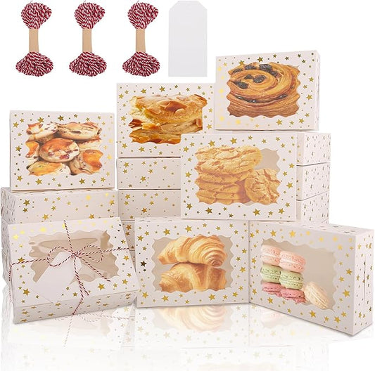 BEVOING 36 Pcs 9x6x3 Inches Christmas Cookie Boxes, White Bakery Boxes with Window Gold Foil Star Treat Boxes 9 Inch Bakery Gift Wrapping Box for Xmas Holiday Party Favor Pastries, Chocolate Covered Strawberries, Dessert, Donut