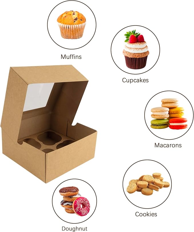 Jotique 6x6x3 Bakery Cookie Boxes with Window, Kraft Paper Cupcake Treat Pastry Food Boxes for Baked Goods 20 Sets