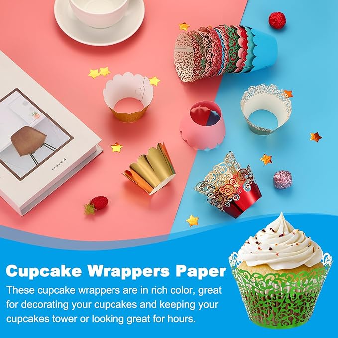 PATIKIL Cupcake Wrappers Paper, 50 Pack Baking Cups Standard Vine Decoration for Anniversary Birthday Weddings and Parties, Reflective Green