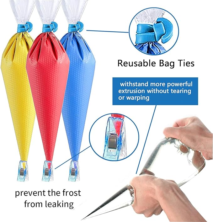122Pieces Tipless Piping Bags - 100pcs Disposable Piping Pastry Bag for Royal Icing/Cookies Decorating - 10 Pastry Bag Ties,10 Clips &2 Scriber Needle - Best Cookie/Cake Decorating Tools (10 Inch)
