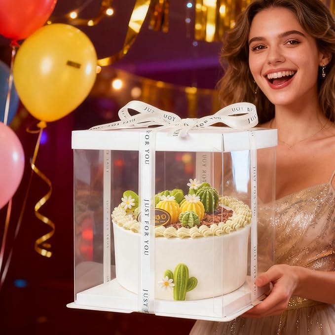 8 Packs Tall Cake Boxes with Ribbon,10x10x9 inches Bakery Boxes,White Multi-Layer Cake Containers for Birthday,Wedding,Halloween(White, 10 * 10 * 9inch/8pcs)