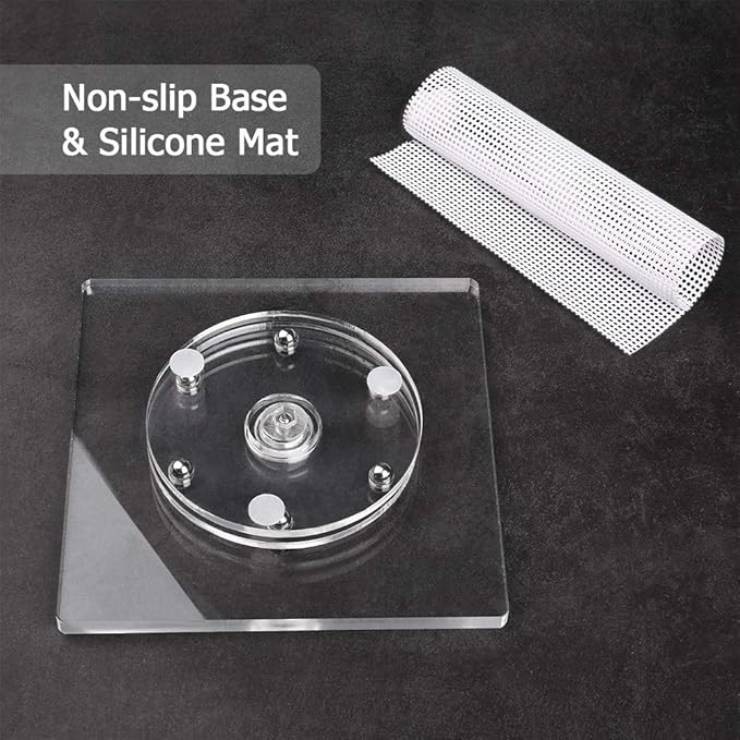 Cookie Decorating Turntable, Sugar Cake Cookie Decorating Supplies Kit-with Anti-Slip Silicone Mat,Turns Smoothly Easy Control and Convenient,5.7 x 5.7inch,Thicker,Acrylic,Square