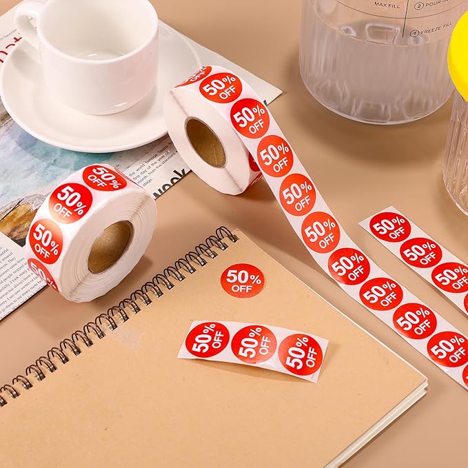 2000pcs 50% Discount Stickers, 1in Round Self Adhesive 50 Percent Off Signs Promotion Labels Price Markers Sales Reduced Tags for Retail Stores Supermarkets Shops (Red)