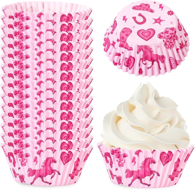 300 Pcs Western Cowgirl Cupcake Liner Paper Baking Cups Pink Horse Disco Ball Muffin Liner Cake Storage Container for Rodeo Bachelorette Party Birthday DIY Crafts Supplies, 2 x 1.2 Inch
