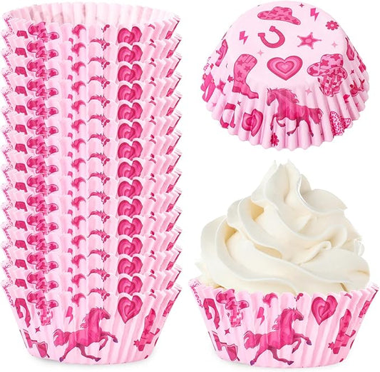 300 Pcs Western Cowgirl Cupcake Liner Paper Baking Cups Pink Horse Disco Ball Muffin Liner Cake Storage Container for Rodeo Bachelorette Party Birthday DIY Crafts Supplies, 2 x 1.2 Inch