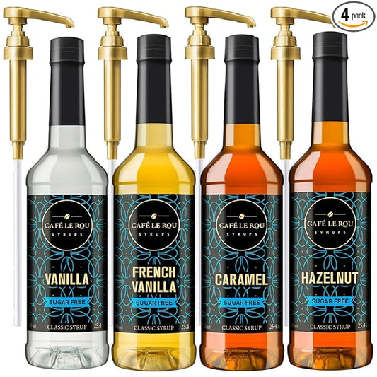 "NEW" Café Le Rou Coffee Syrup Sugar Free Variety 25.4oz Vanilla, French Vanilla, Caramel, Hazelnut -(4 Pack)*Includes 4 Coffee Syrup Dispensers*Flavoring Syrup for Coffee, Tea and Espresso