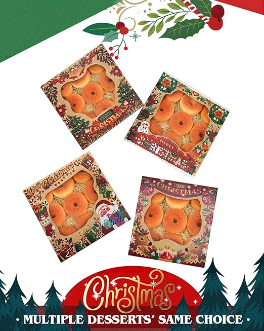 qiqee Christmas Kraft Cookie Boxes with Window 30packs 9x9x2.5 Inch Bakery Box Pastry Box for Christmas