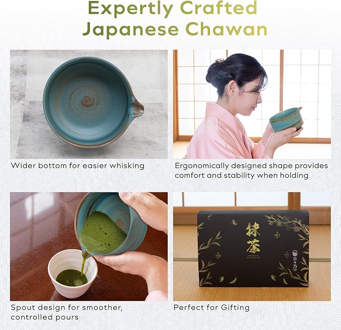 HIBINO Japanese Matcha Set | Matcha Bowl with Spout | Whisk & Holder | Bamboo Scoop & Stainless Sifter | 5-Piece Traditional Matcha Kit | Designed in Japan |「Rustic Teal」