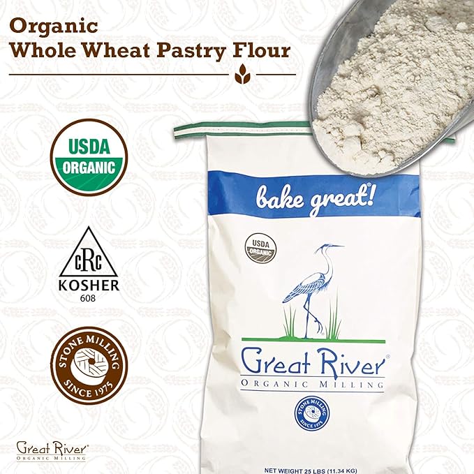 Great River Milling Organic Whole Wheat Pastry Flour | Soft Texture, Lower Gluten | USDA Organic, Non-GMO, Kosher | Ideal for Muffins, Cookies, Cakes & More | 25 Lb (Pack of 1)