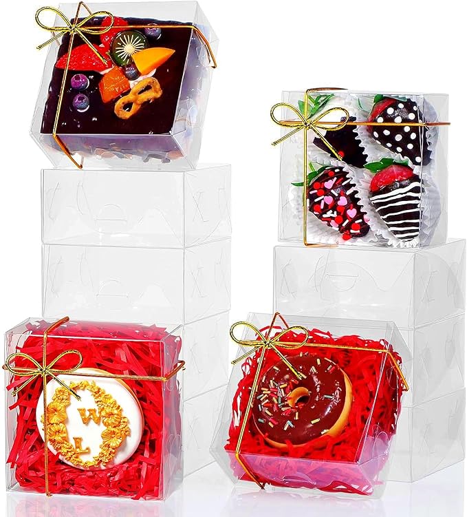 25Pack 5x5x2Inches Clear Bakery Boxes Chocolate Covered Strawberry Boxes for 4 Mini Cake Boxes Cookies Macaron Boxes Pie Boxes Browines boxes