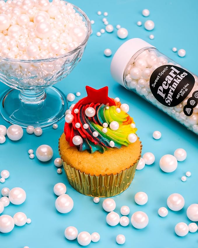 Sweet Spell White Pearl Sprinkles for Cake Decorating (130g/ 4.6oz) - Sugar Candy Ball Pearls for Cupcakes, Ice Cream Toppers, and Baking Cake Decoration