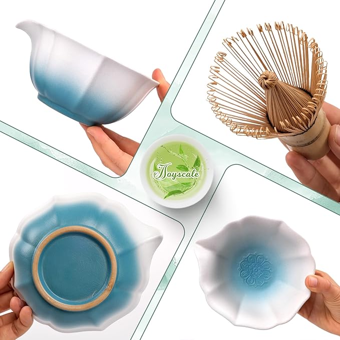 Joyscale Matcha Whisk Set, Matcha Set Whisk And Bowl, 8 Pcs Matcha Kit Set(Lotus Design), 11 OZ, Japanese Matcha Tea Set, Matcha Making Kit Gifts for Tea Lovers(Gradient Blue)