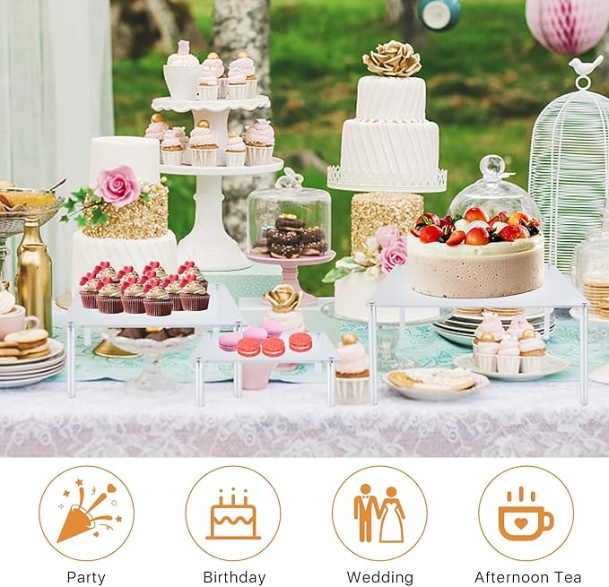 3 Pcs Square Acrylic Cake Stands, Akamino Reusable Round Cupcake Holder for Dessert Cake Pizza, Display Stand Party Serving Platter for Christmas Wedding Birthday Baby Shower Tea Party