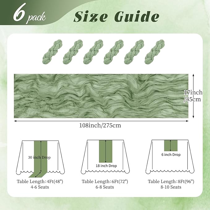6 Pack Sage Green Cheesecloth Table Runner 17x108 Inch Semi Sheer Boho Gauze Cheese Cloth Fabric Table Runners, for Wedding Party Baby Shower Birthday Home Decor Garden Farmhouse