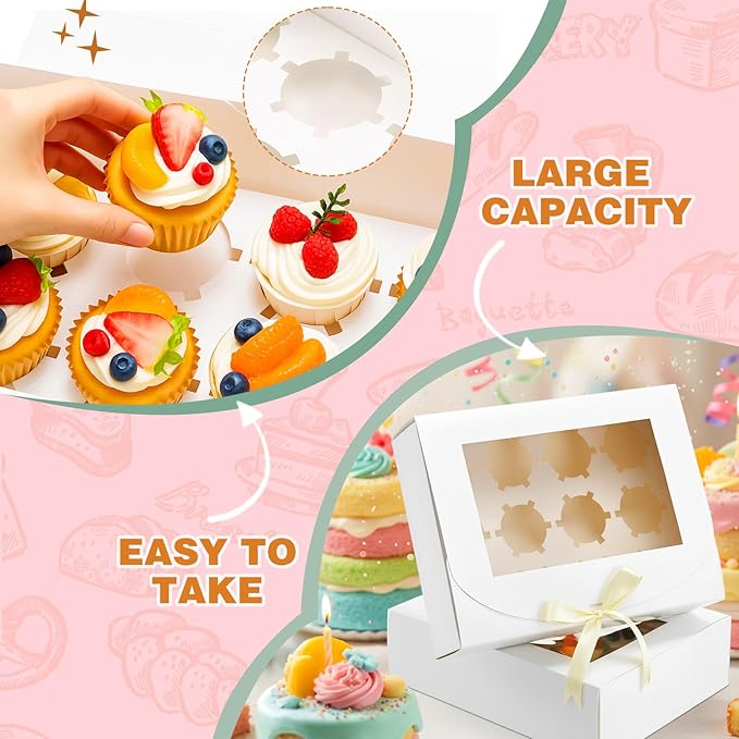 20 Pack White Cupcake Boxes with Window and Ribbon, 12 Count Food Grade Cupcake Boxes Treat Holders for Cookies Pastries Desserts Bakery Muffins Birthday Holiday Christmas Party Supplies
