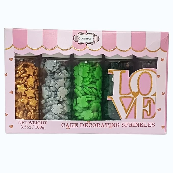 Confect St. Patricks Green & Silver Flower Sprinkles | White Pearl, Gold Star Edible Sprinkles for Baking & Cake Decorative | Edible Sprinkles mix pack of 5 | Dairy-Free, Palm Oil-Free - 5 Oz