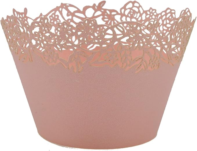 Cupcake Wrappers Pack of 50 Pink Filigree Artistic Bake Cake Paper Cups Little Vine Lace Laser Cut Liner Baking Cup Muffin Case Trays for Wedding Party Birthday Decoration -By KEIVA